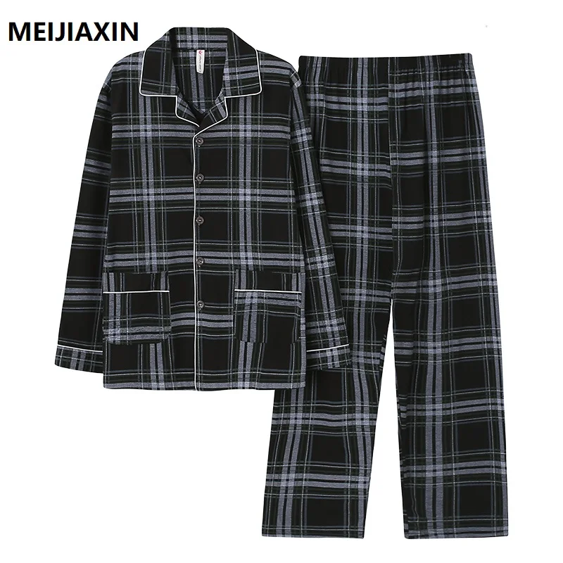 

Spring Plaid Men Pajamas Set Knitted Cotton Man Sleepwear Long Sleeve Turn-down Collar Plus Size L-4XL Male Homewear Nightwear