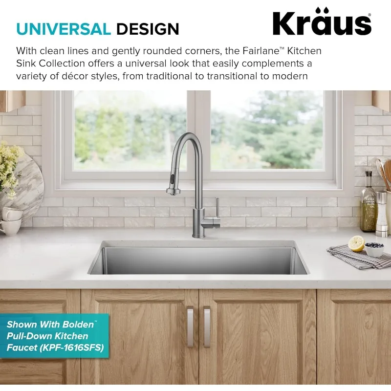 KRAUS Fairlane 33-inch Undermount Single Bowl 18-Gauge Stainless Steel Kitchen Sink, KHU640-33