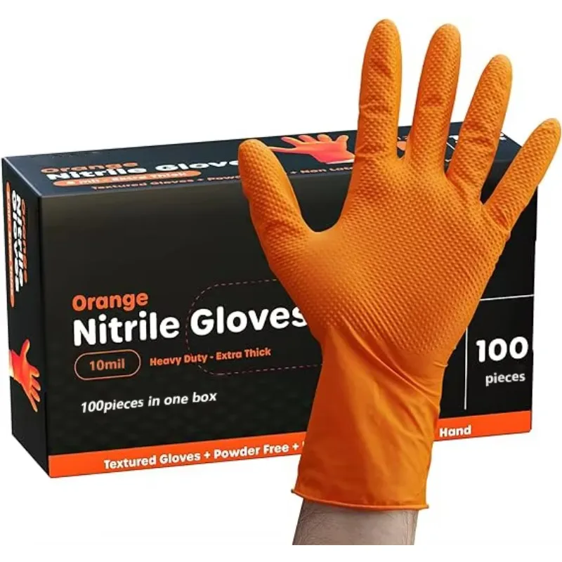 100 Pcs/box Thick Disposable Diamond Texture Nitrile Gloves Black Orange Machine Repair Work Protection Powder Free