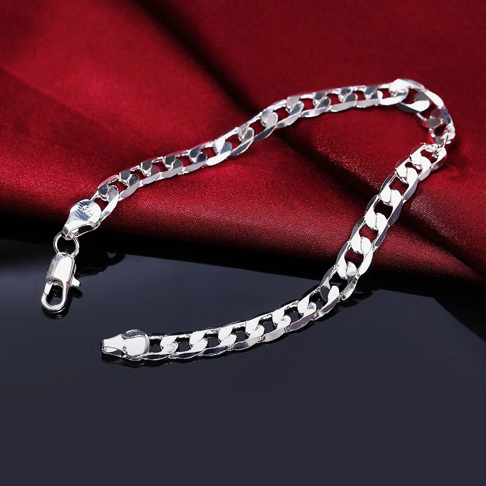 

Hot 925 Sterling silver Bracelets for women 8MM Flat sideways chain Wedding party Classic Christmas Gifts fashion Jewelry