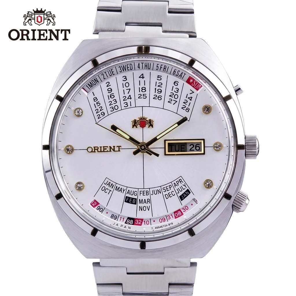 ORIENT Perpetual Calendar Automatic Mechanical Watch Multi Month Day Date Diamond Index Stainless Steel Retro Men Wristwatch