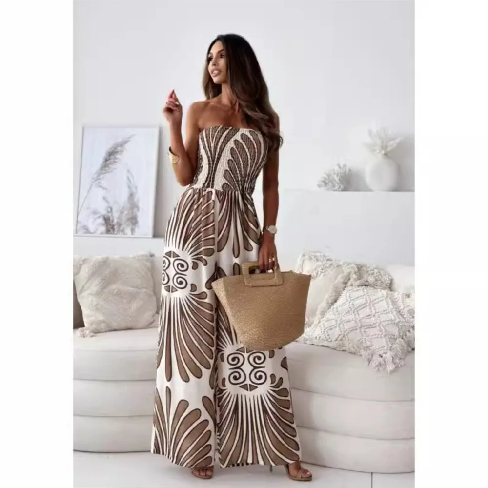 Sexy Off  Shoulder Print Holiday Playsuits 2024 Autumn New Wide Legs Jumpsuit For Women Casual Rompers Femininas One Piece Pants