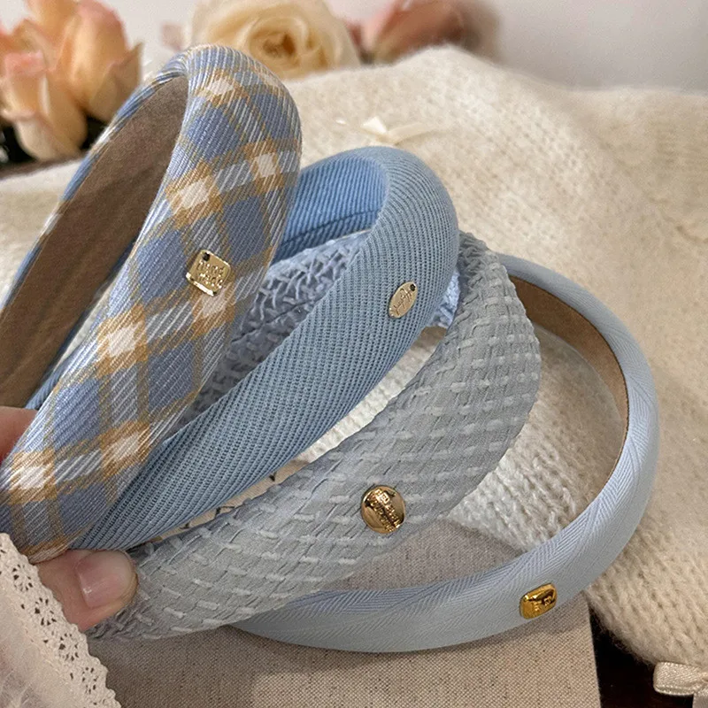 Spring New Sponge Headband for Women Elegant Gold Label Blue Wide Brimmed Hair Band Fashion Girl Face Wash Hair Hoop