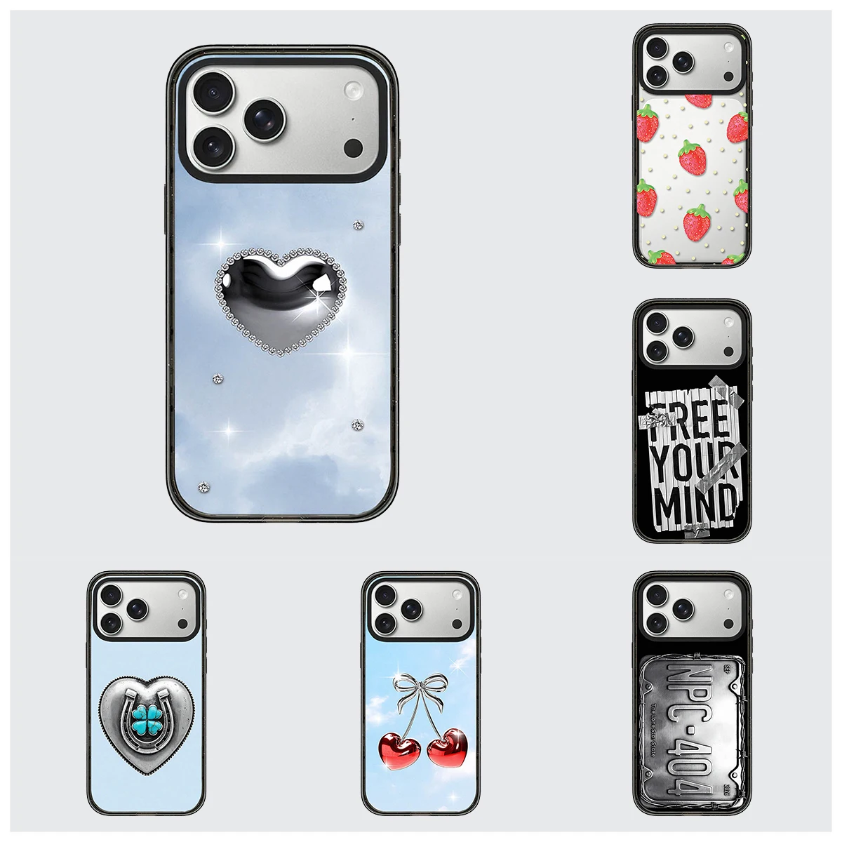 Silver Heart Cherry Pattern Impact Black Border Magnetic Cover for IPhone 13 14 15 16 17 Pro Max Case for IPhone 17Pro