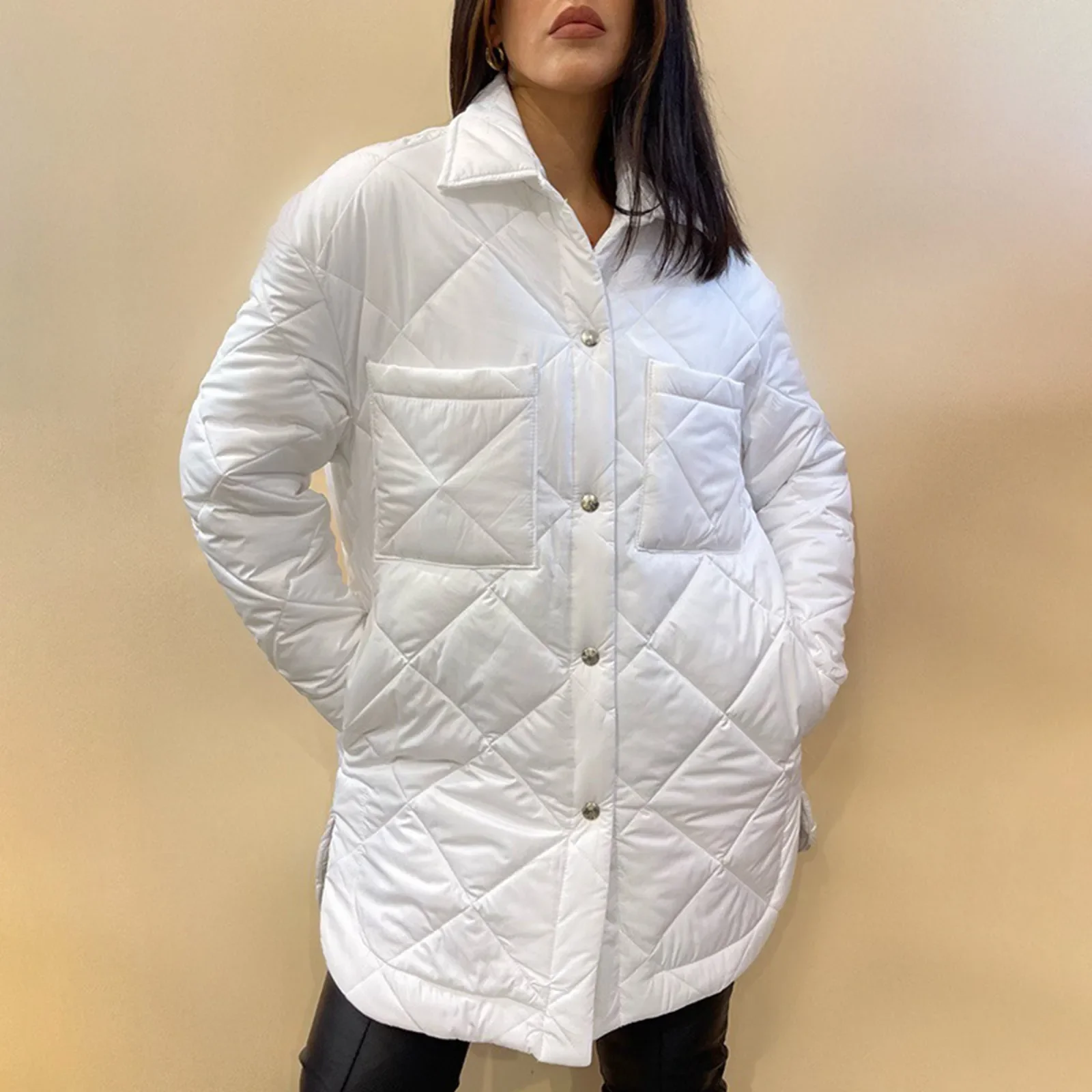 Women's Long Diamond Quilted Down Cotton Coat With Turn Down Autumn And Winter Padded Jacket Womens Faux Hooded Jacket