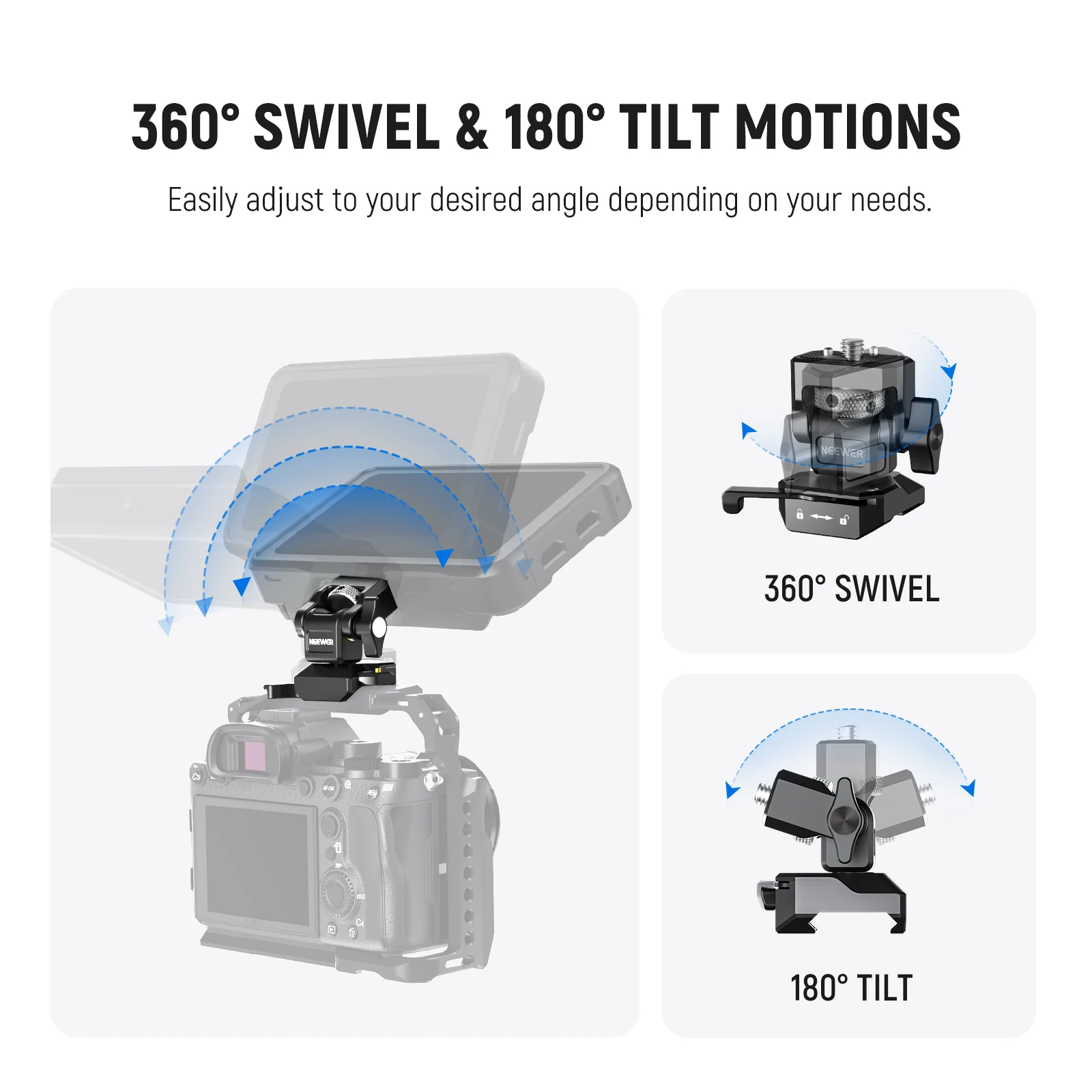 NEEWER DSLR-Kameraklemme, verstellbare Monitorhalterung mit Kaltschuh, Anti-Twist, 1/4 Zoll Schraube für Monitor, Blitzlicht, DIY-Aufsatz – Detail 3