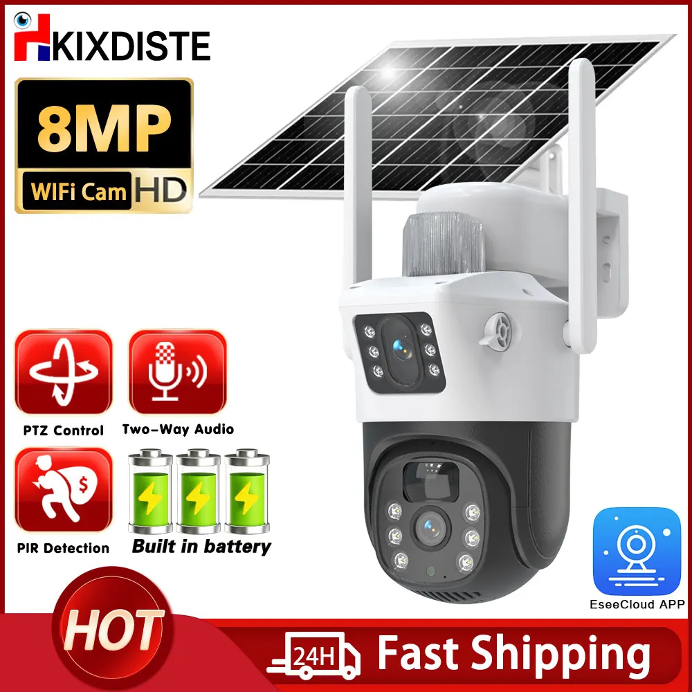 Color Night Vision Surveillance Camera Wireless Dual Lens Security Camera 8MP Human Tracking Solar Charging Bulit-in Battery Cam