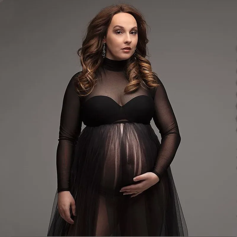 High Neck Stretchy Mesh Maternity Photography Tulle Dress Full Sleeve See Through Pregnancy Mesh Maxi Dress For Photoshoot