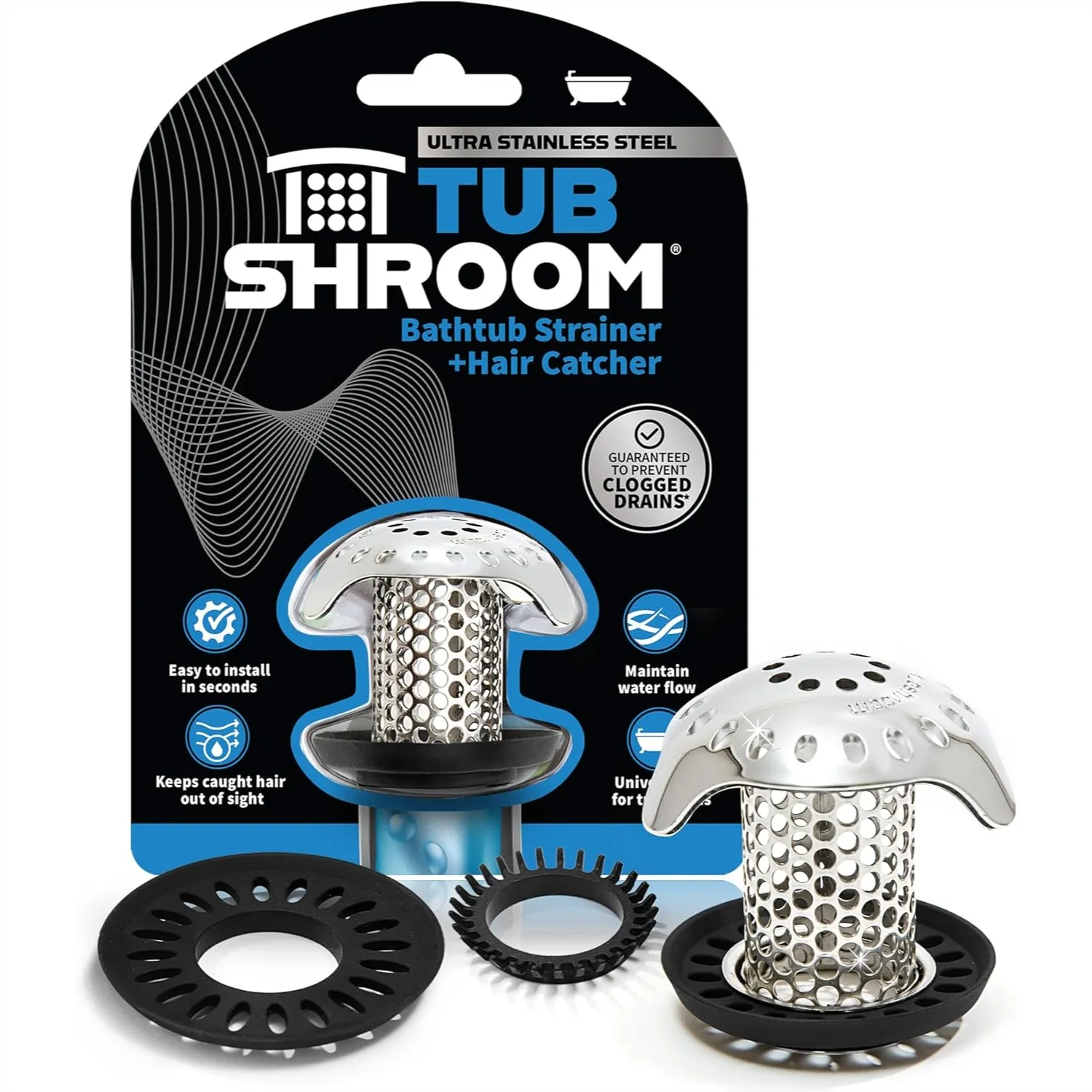 

Bath Tub Drain Protector Hair Catcher, Stainless Steel TubShroom Ultra Fits Standard Drains with Adapters, Revolutionary Design