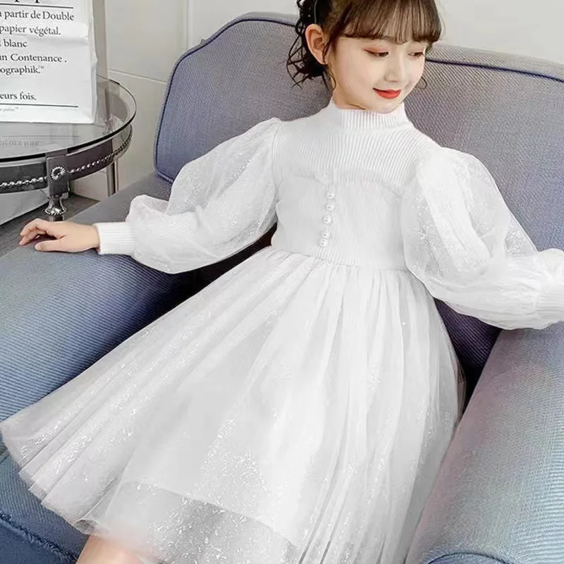 2025 الخريف المراهقين الفتيات القماش الأبيض طويلة الأكمام حفلة شبكة محبوكة الدانتيل الطبقات الربط فستان الأميرة الأطفال 4 10 12 سنة