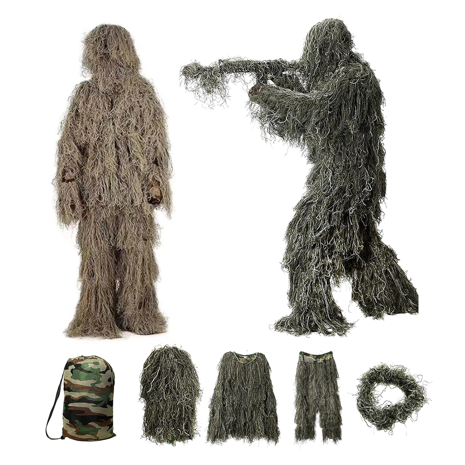 5Pcs/Set Ghillie Suit With Jacket Pants Hood Garland Carry Bag 3D Camouflage Hunting Apparel Youth Adults Woodland Clothes 길리 양복