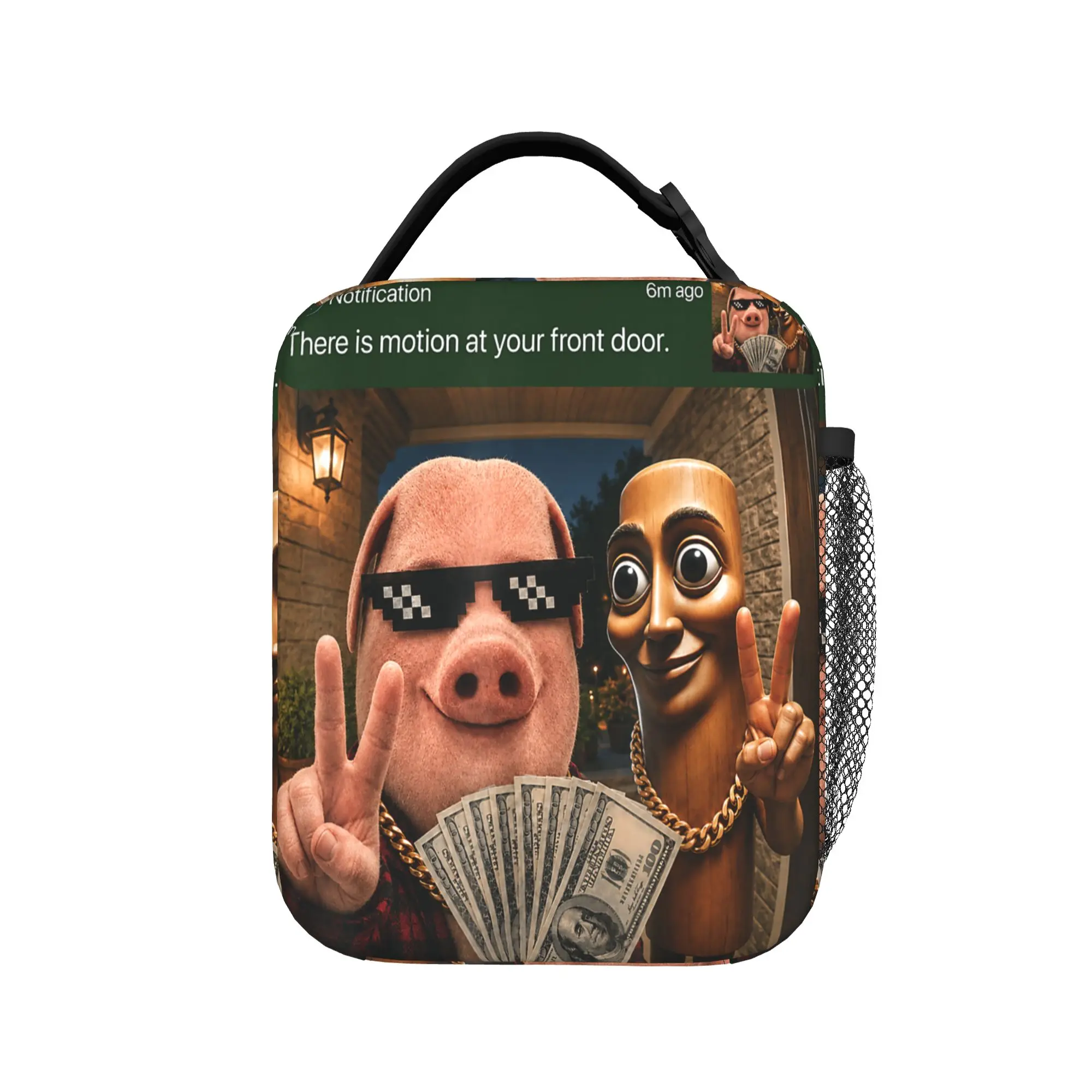 John Pork and Tung Tung Tung Sahur Front Door Motion Lunch Bag  Lunch Box Adult Office Cooler Bag Casual Thermal Tote Handbags