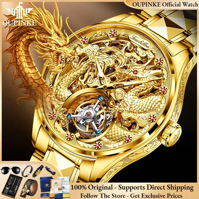 

100% золотой дракон OUPINKE 3176, настоящие часы с турбийоном, брендовые роскошные мужские автоматические механические часы из вольфрамовой стали, Reloj Hombre