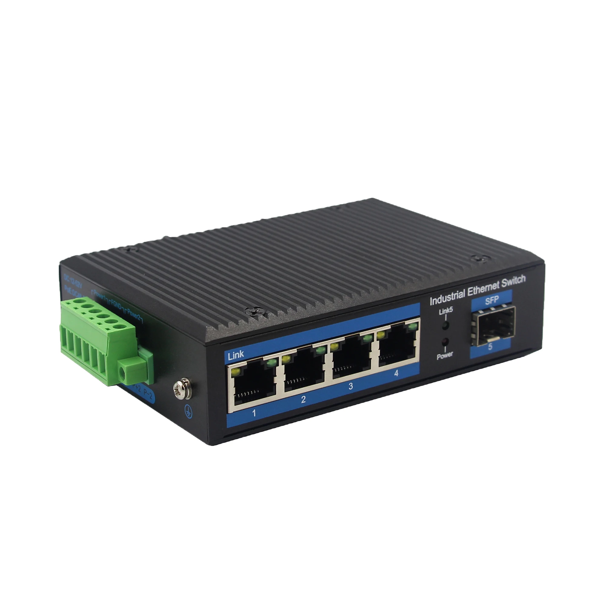 محول جيجابت إيثرنت صناعي ذو 5 منافذ 4 فتحة ألياف RJ45+1 SFP، درجة حرارة تشغيل واسعة: -40~80 ℃ ، IP40 ، حامل السكك الحديدية DIN