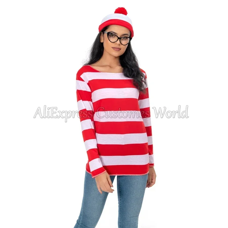 EE01 Unisex Wheres Waldo Cosplay Costume Wally Cos Red White Striped Shirt Shirt Glasses Hat For Adults Christmas HalloweenIo0！