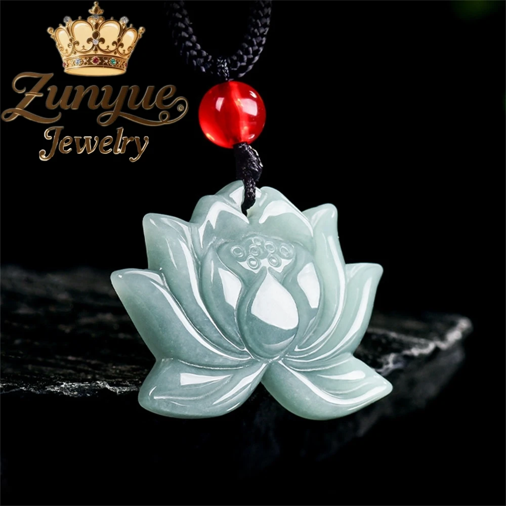

High-End Genuine A-Grade Jadeite Blue Water Lotus Pendant Ice-Type Jade Pendant And Exquisite Flower Piece For Women Pendant
