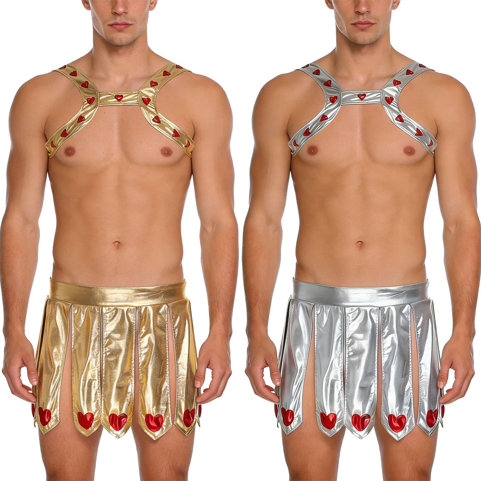

Halloween Cupid Cosplay Costume Lingerie Outfits for Men Themed Party Wear Metallic Chest Harness and Slit Skirt Underwear Set