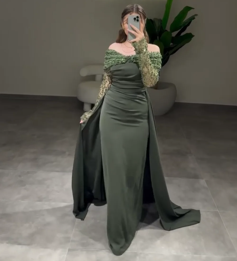 Customized Matching Jersey Pleat Sequined Straight Off-the-shoulder Long Dresses Bespoke Occasion Chinese Style