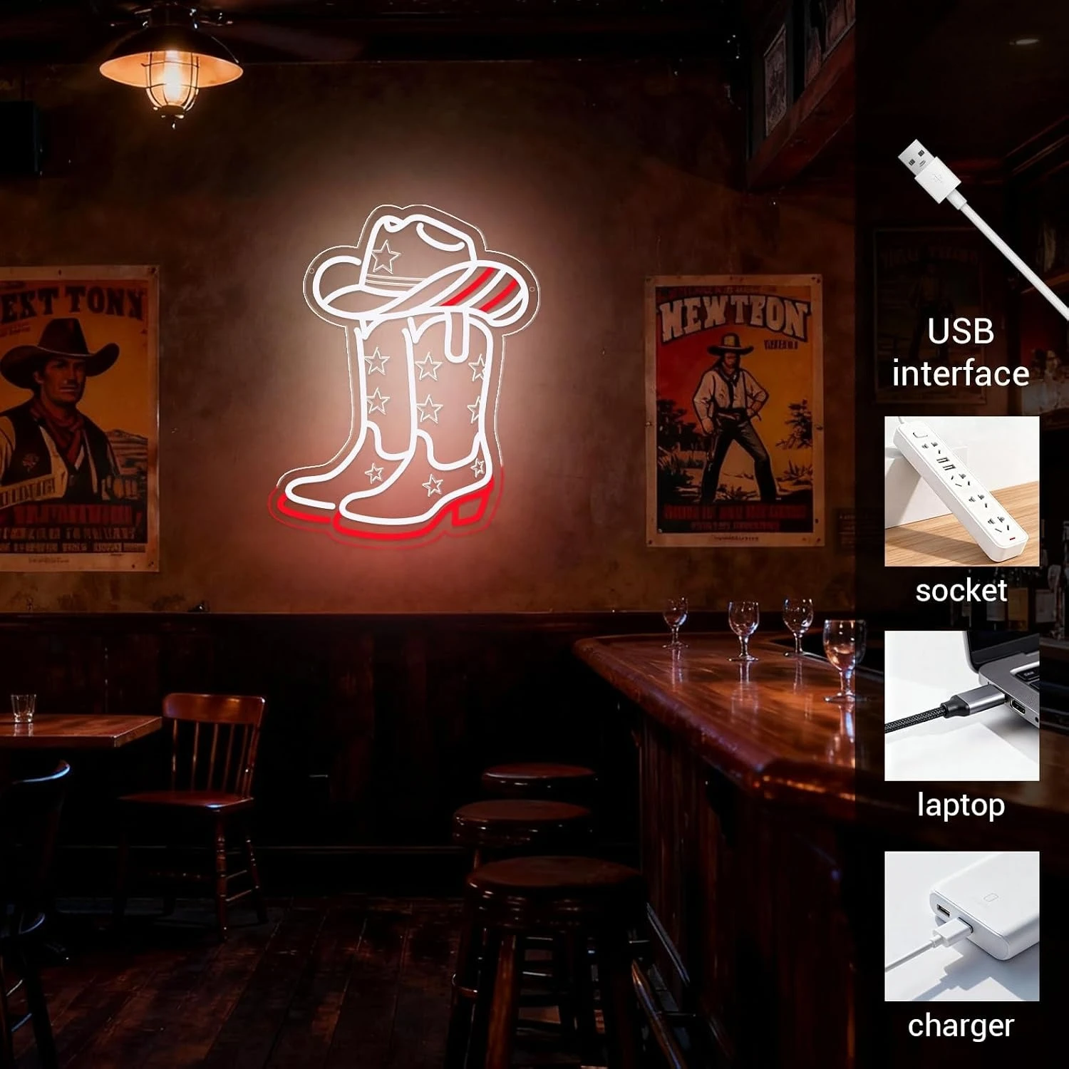 Cowboy Boots and Hat LED Neon Sign USB Powered Neon Light for Bar Man Cave Bedroom Home Decoration USB Night Light Gift view 5