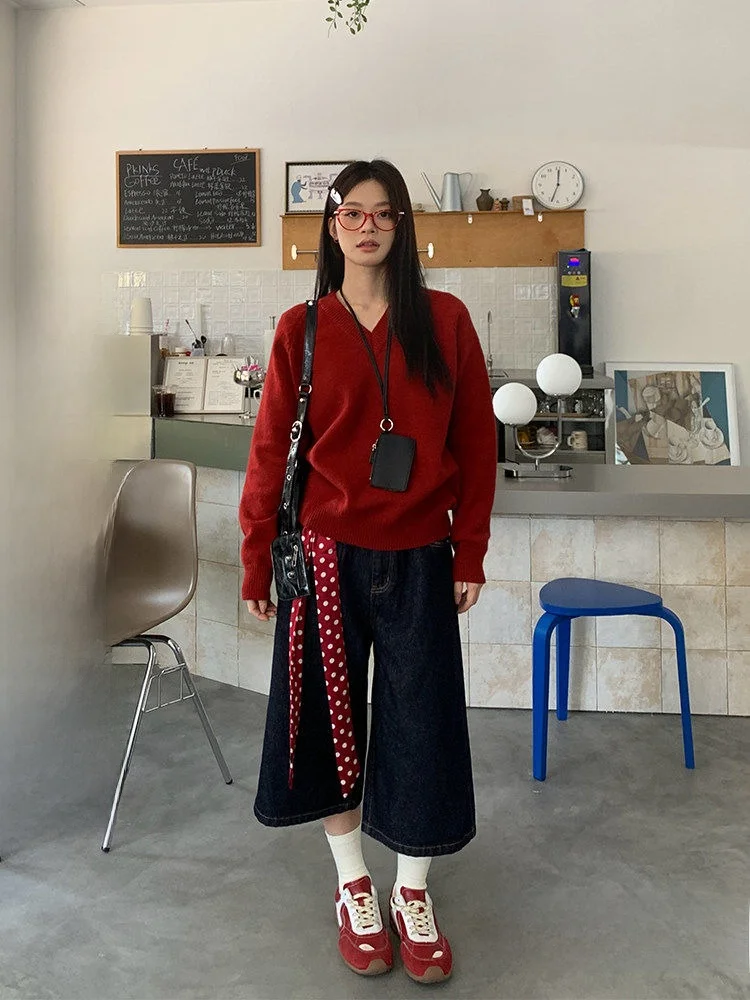 

Темно-синие прямые джинсы на семь футов, женские свободные широкие брюки с высокой талией, брюки средней длины в американском стиле ретро