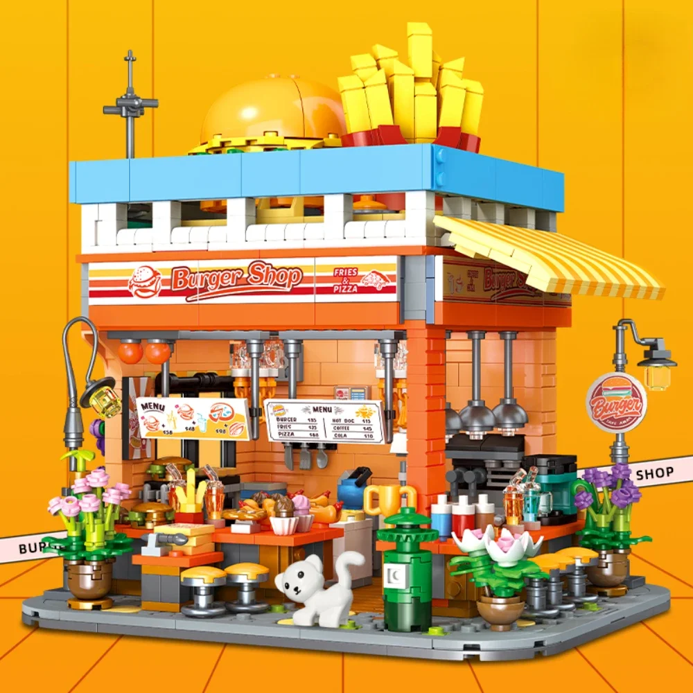 

Street View Creative Burger Shop Building Blocks MOC Modular Assembly Sets Desktop Decoration Model Ideas Toys Gifts For Kids