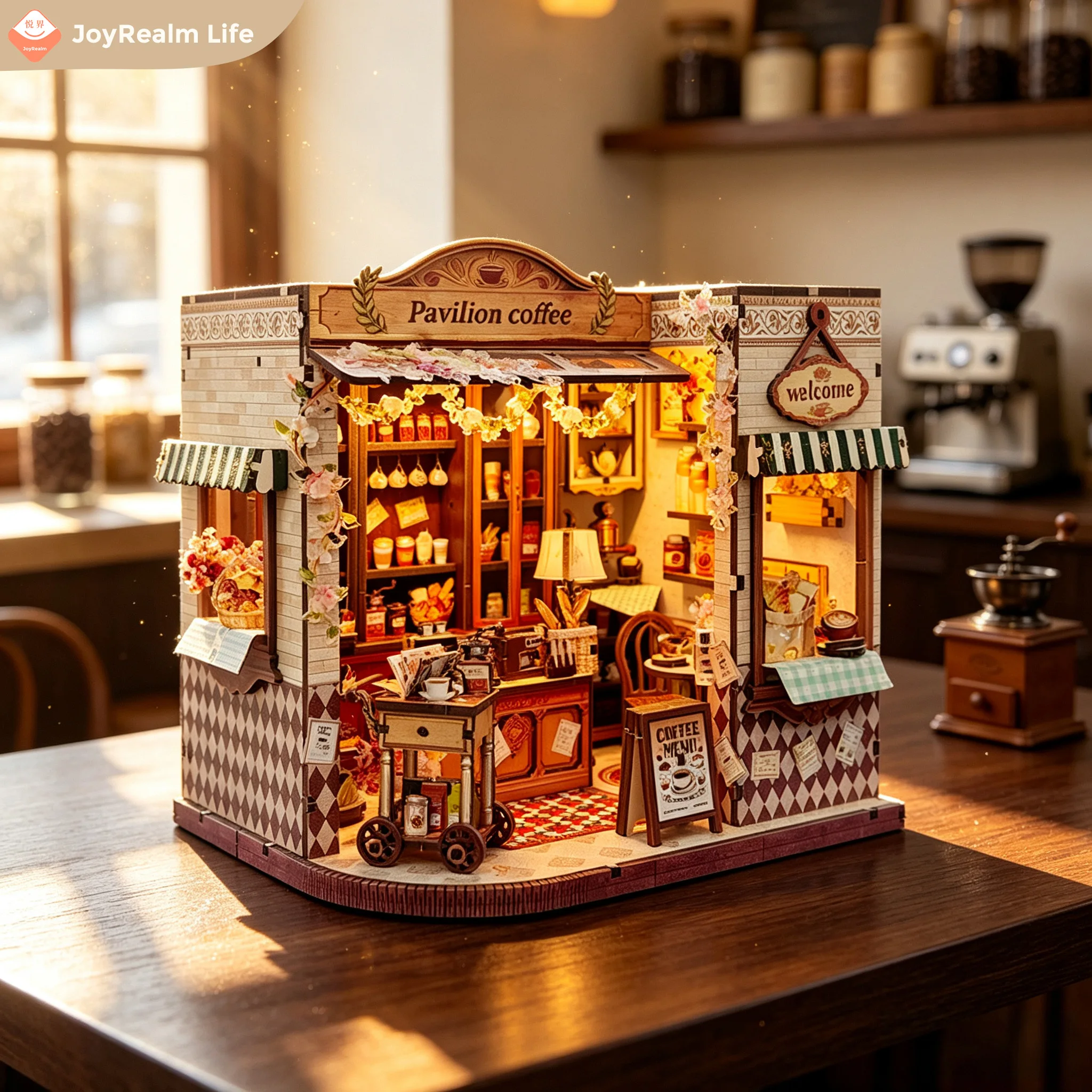 3D Wooden Puzzle DIY House with Light-Up Touch-Control Night Light Assembly Model Desktop Ornament by Leisure Courtyard Coffee House
