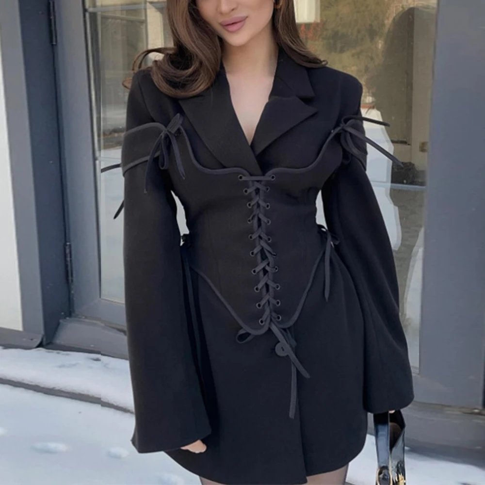 TWOTWINSTYLE Hit Color Spliced Lace Up Slimming Jackets For Women Lapel Long Sleeve Tunic Temperament Chic Coat Female Fashion