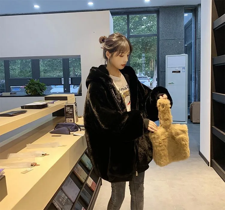 Women Faux Rabbit Fur Coats Solid Fur Jackets Pokcet Zipper Hooded Cotton Linen Long Sleeves Loose Fit Casual 2026 Autumn Winter