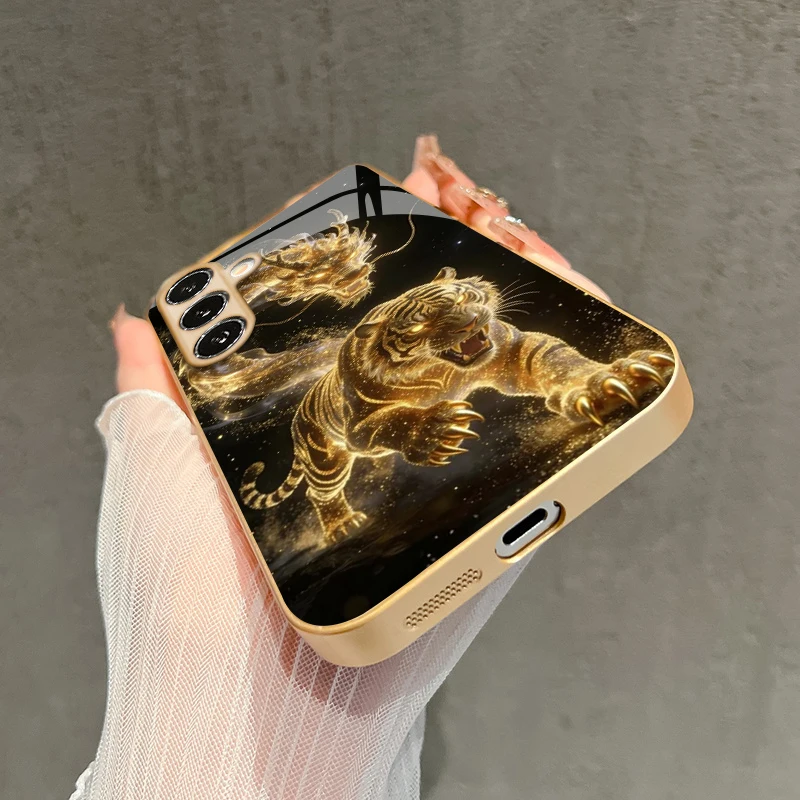 Dragon Tiger Leaping Pattern 2D Phone Case for Samsung S26 S25 S24 S23 S22 S21 S20 A56 A55 A36 16 Gold Glass Protective Cover view 5
