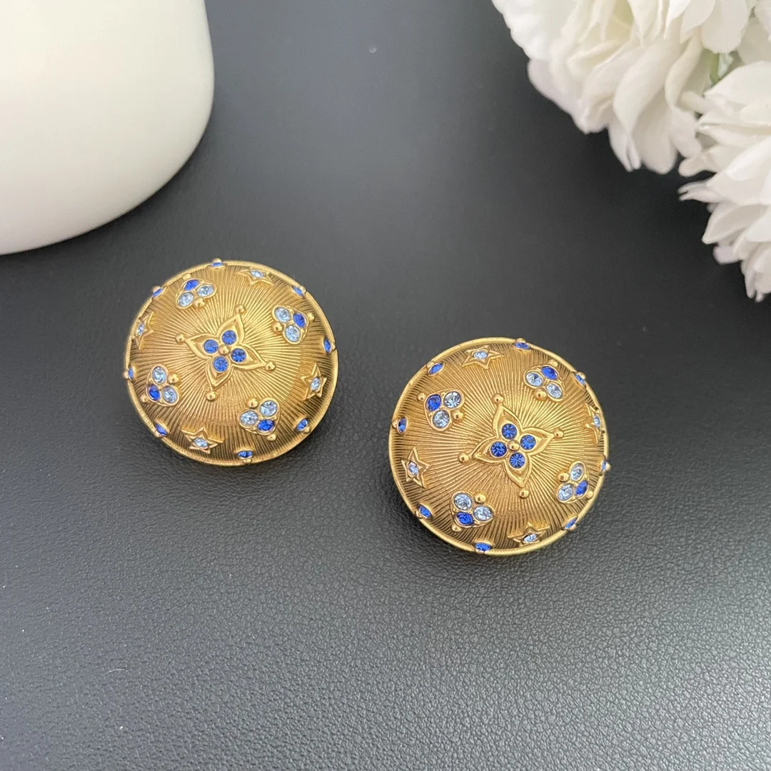 Europe Vintage Blue Crystal Gold Round Earring Ear Clip Women High Quality Designer Jewelry Trend