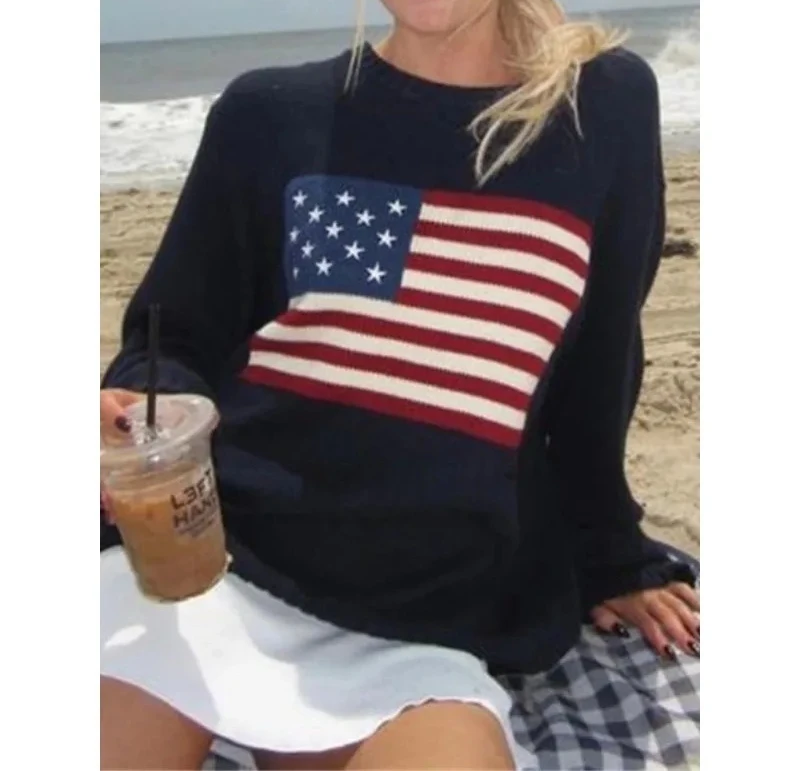 

Женский винтажный вязаный свитер с американским флагом, свитера с длинными рукавами, пуловер большого размера
