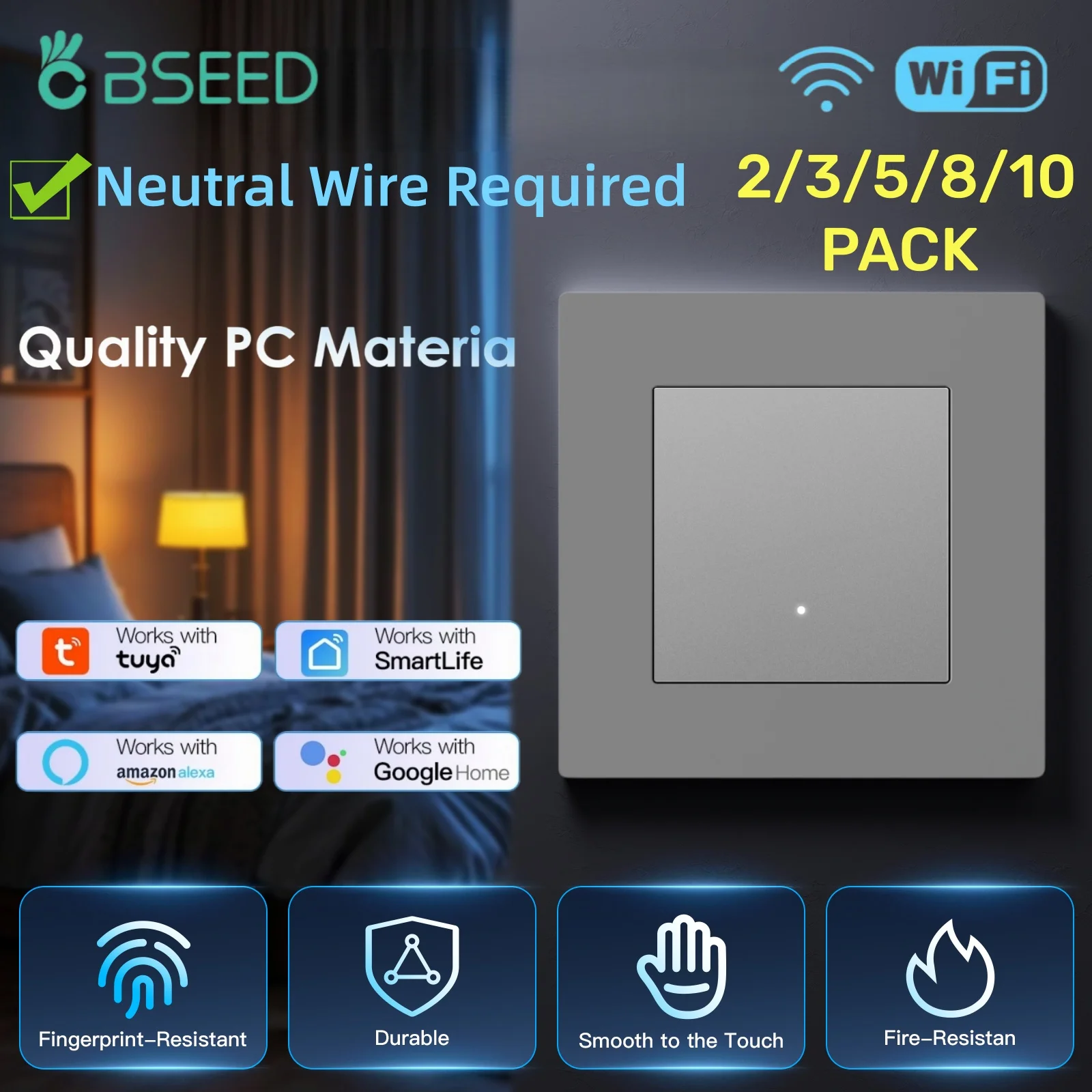 Interrupteurs muraux intelligents BSEED WIFI Click 1 Gang, interrupteurs lumineux en plastique jaune avec rétroéclairage, cadre en plastique gris, norme UE, application Tuya, pack de 2/3/5/8/10