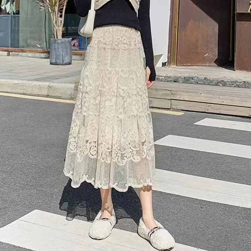 Embroidered Flower Lace Skirt Spring Summer Women High Waist Boho Beach Long Skirts Vintage Pletaed Gauze Skirt Sweet Beige L622