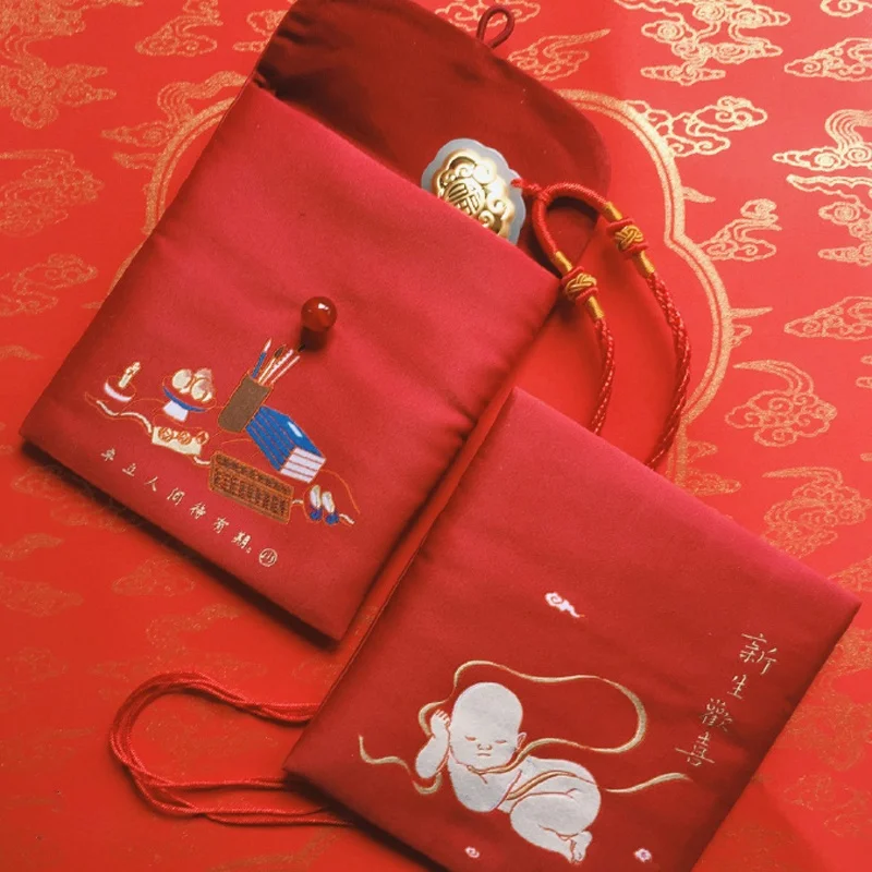 

Креативные красные конверты-сумки с оригинальной вышивкой из шелка, праздничные китайские тканевые мешочки для новорожденных, подарки для малышей