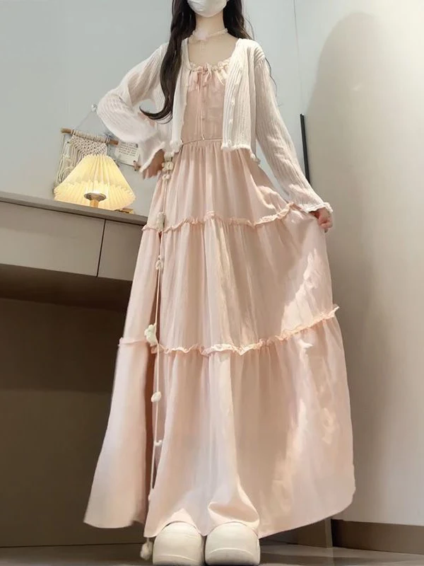 

Summer Gentle Wind OOTD Pink Lace Strap Dress with Knitted Cardigan Women's Two-Piece Set Casual Fashion Ensemble