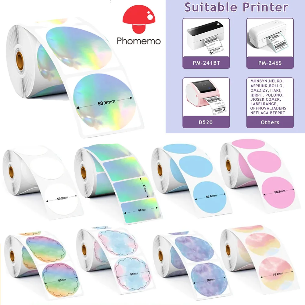 Phomemo PM-241BT PM246S D520 Shipping Label Printer Label Sticker Round Square Label Rainbow Color DIY Logo Design Business