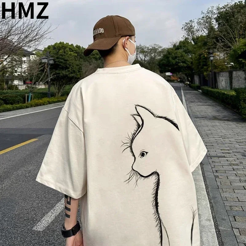 

Cotton Cat Print Short Sleeve T-shirt For Men Summer Loose Harajuku Hip Hop Streetwear Men Oversized Top Vintage Cute Couple Tee