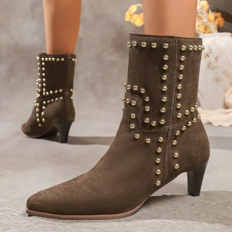 Nova tendência 2026 outono e inverno rebite moda salto alto chelsea botas apontadas e botas nuas salto alto stiletto botas ocidentais