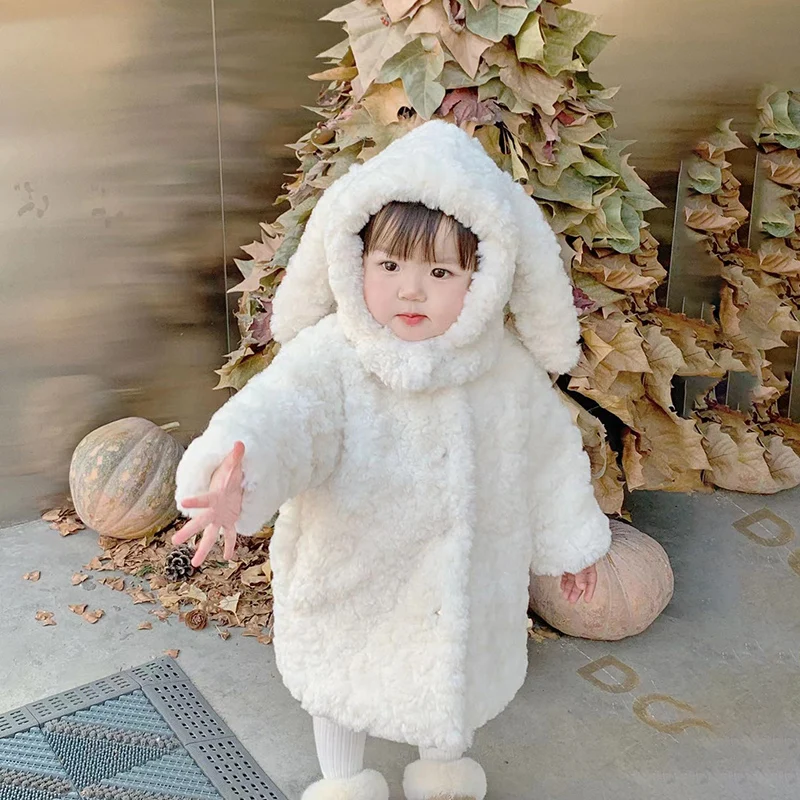 2023 Children Winter Thick Clothes For Girls Winter Lambswool Faux Fur Coat Kids Long Warm Outerwear With Padded Rabbit Fur 2-12