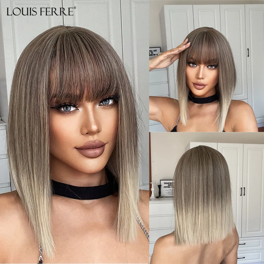 LOUIS FERRE Short Ash Brown Hair Wig for Women Synthetic Ombre Brown Straight Wigs With Bangs Shoulder Length Brown Natural Hair