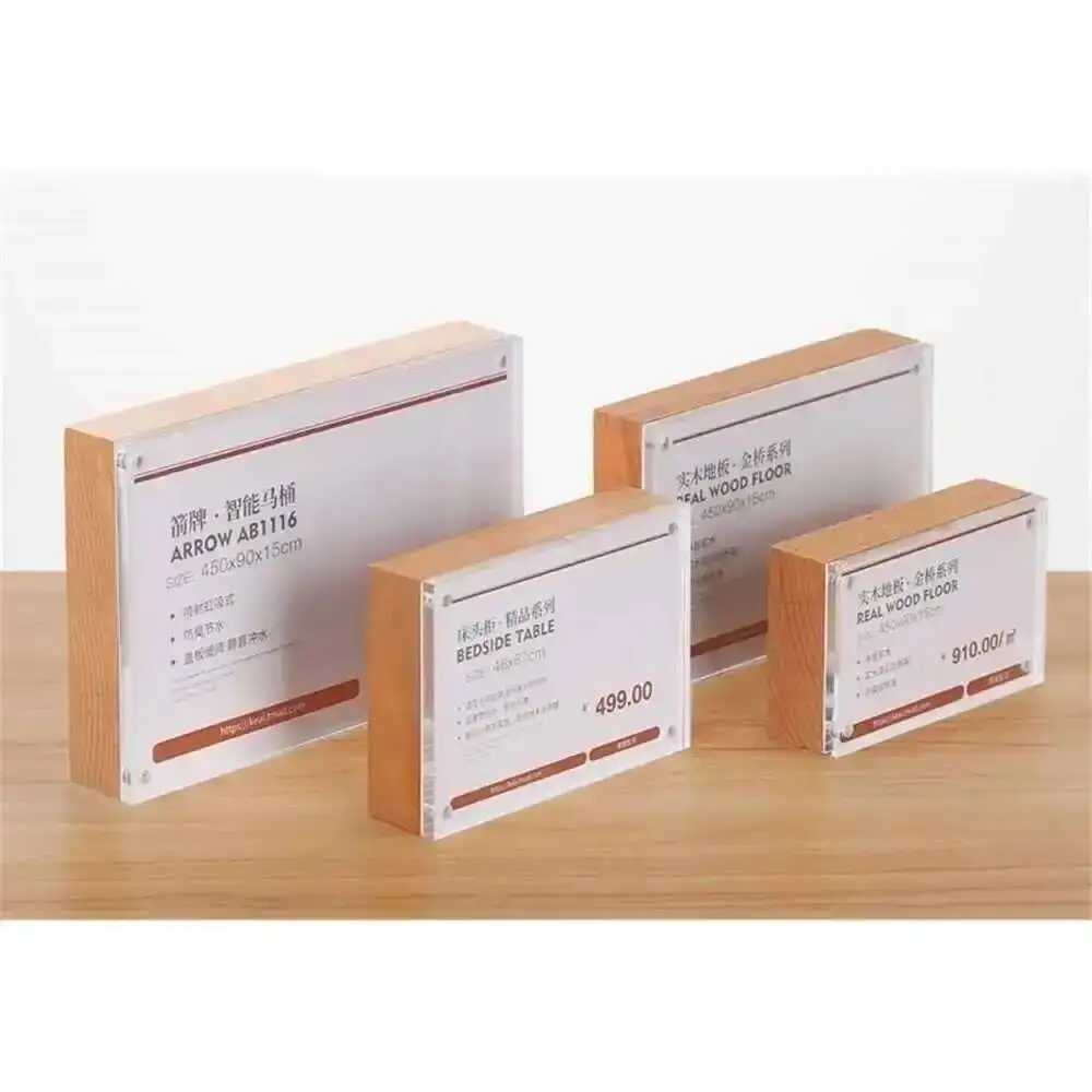 Desk Price Card Display Magnetic Solid Wood Block Frame Commodity Price Tag Display Rack Acrylic