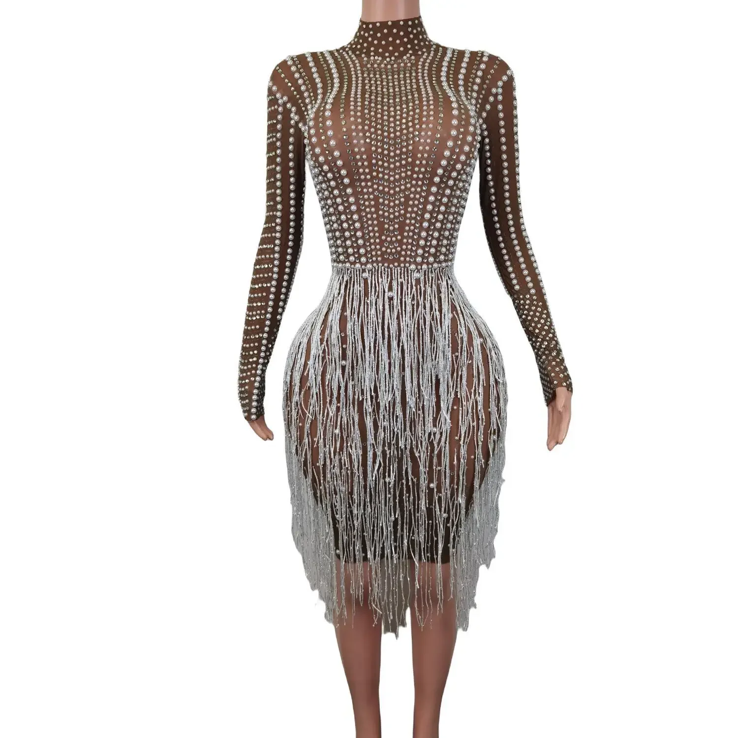 

Luxury Crystal Sequin Dress Elegant Sexy Pearl Dress Party Tassel Mesh Nude Rhinestone Evening Dress Lady Stage Show Costumes