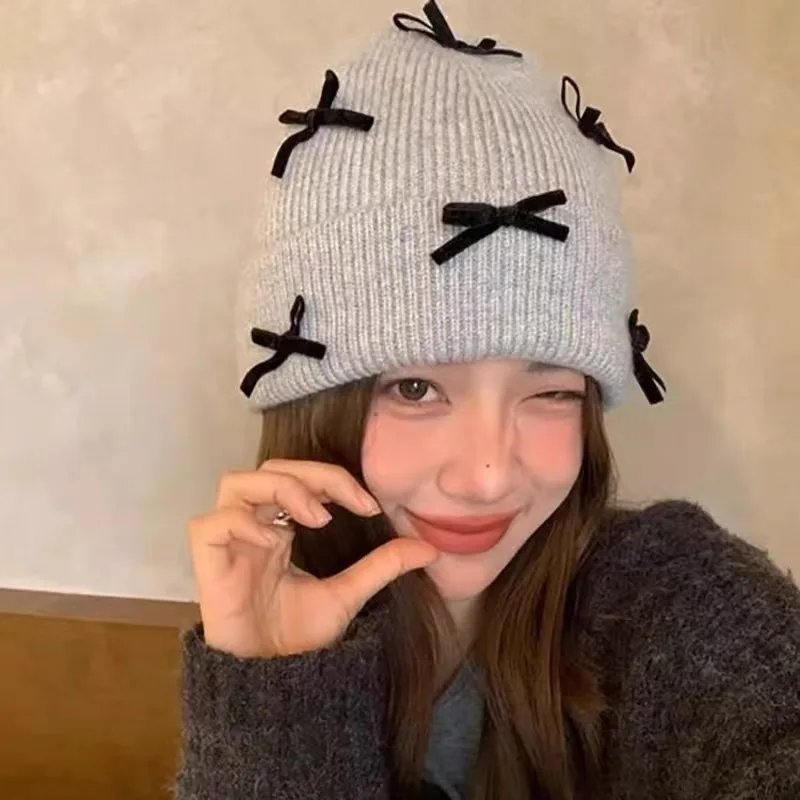 Wool Hat Korean Version of Simple and Versatile Bow Cold Hat Women's Autumn Winter Versatile Cold and Warm Fashion Knitted Hat