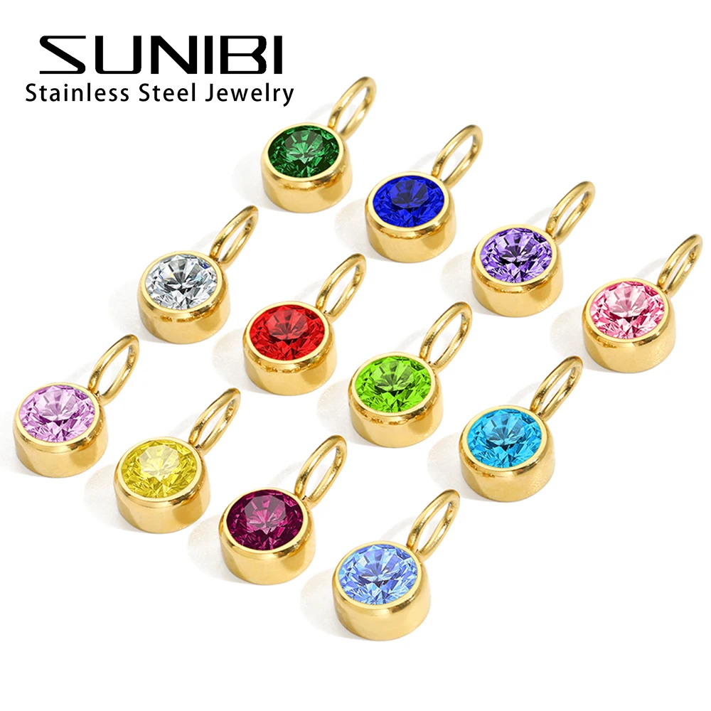 Zirconia Birthstone Pendant 12 Months Color Stone DIY Accessories for Necklace Stainless Steel Jewelry Birthday Gift Wholesale