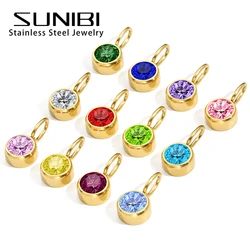 Zirconia Birthstone Pendant 12 Months Color Stone DIY Accessories for Necklace Stainless Steel Jewelry Birthday Gift Wholesale