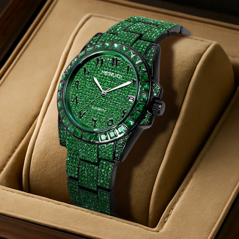 A men's all green steel strip dial with a cool, gorgeous, casual, fashionable gift giving mechanical watch