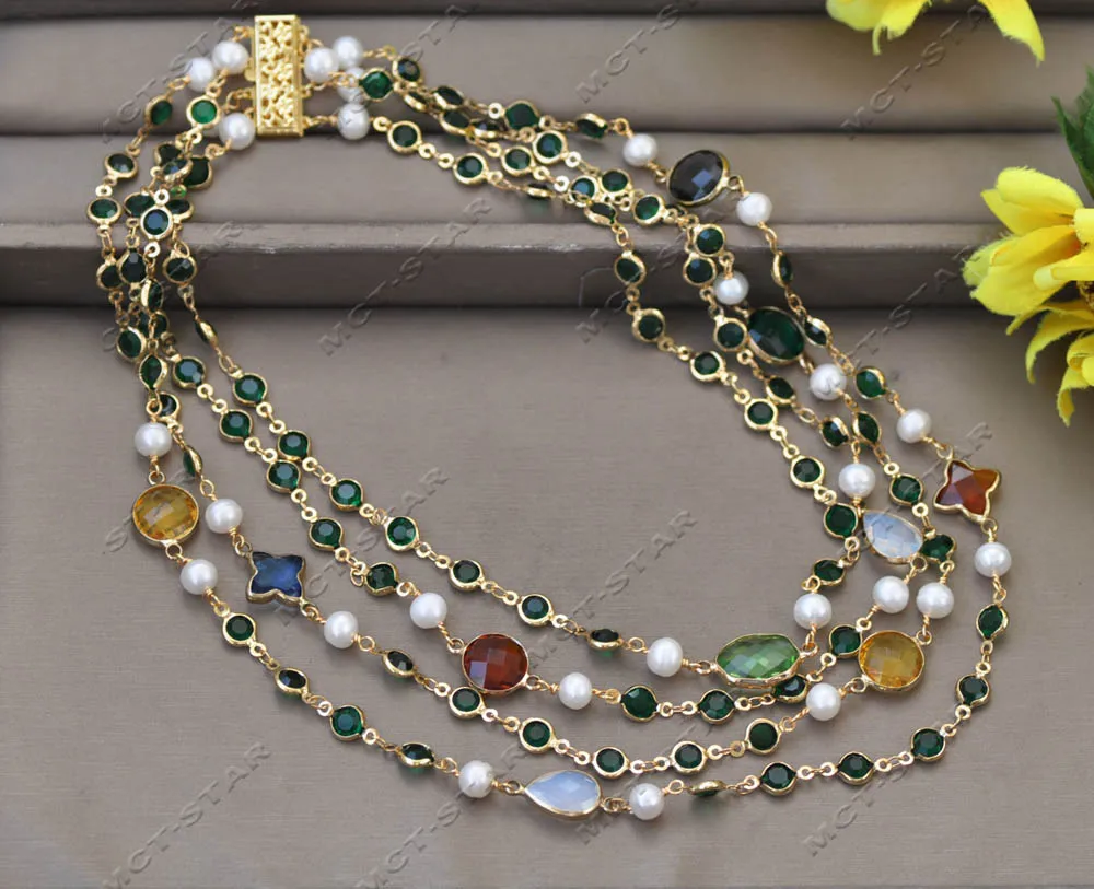 Z13089 4Row Set Green CZ White Round Pearl Multicolor Crystal Necklace Bracelet Earring view 4