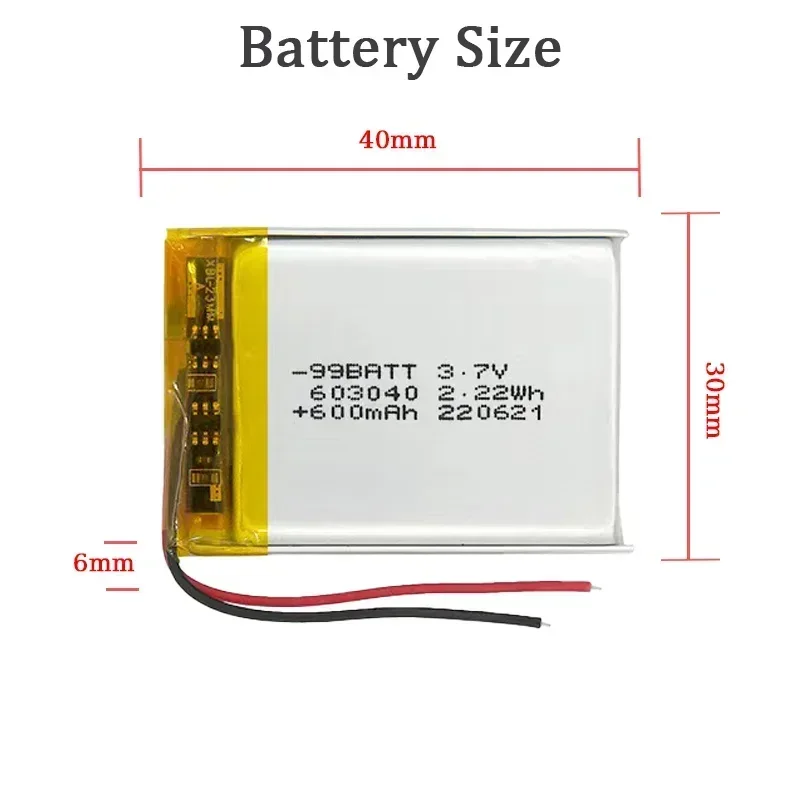 603040 3.7V 600mAh Polymer Lithium Ion Rechargeable Battery Jst PH 2.0mm 2pin Plug Massager Bluetooth Speaker Children's Toy