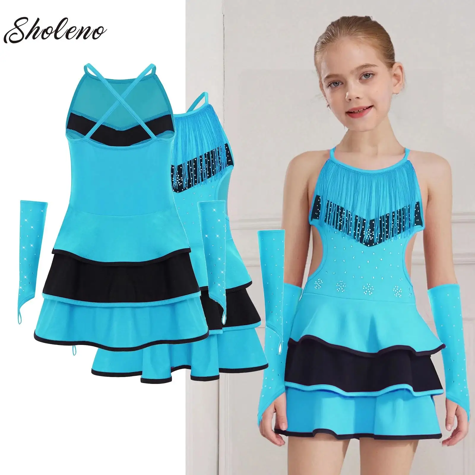 

Latin Dance Dress Kids Girls Child Professional Competition Performance Clothes Color Block Tiered Ruffle Tassels Dress+Gloves