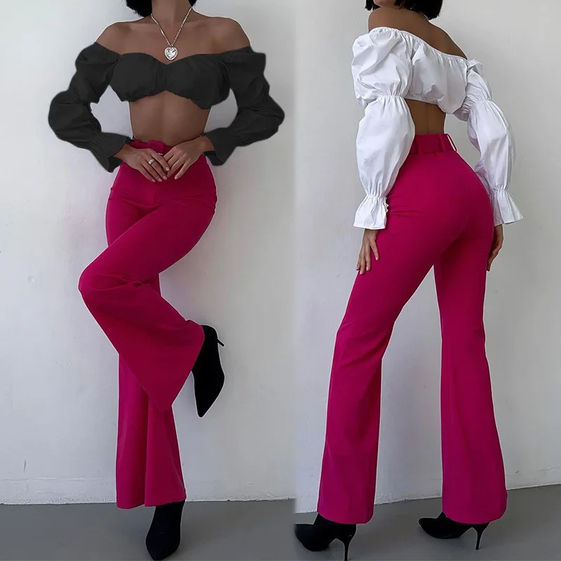 Greenora 2026 Spring Chic Floral Women's Crop Top Puff Long Sleeve Solid Color Sexy Slim Fit